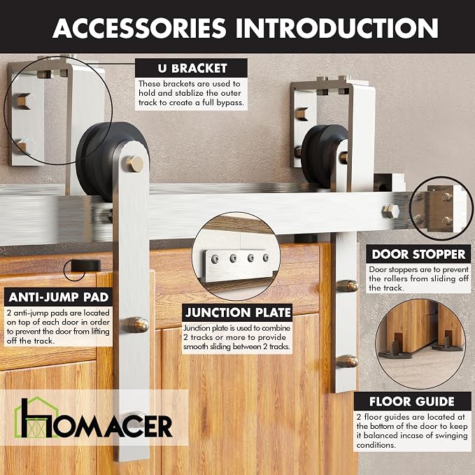 Homacer Brushed Nickel Double Track U-Shape Bypass Sliding Barn Door Hardware - Image 7