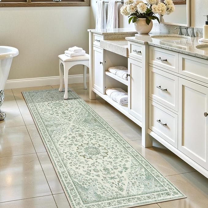 Moynesa Vintage Washable Green Runner Rug for Hallway 2x6, Retro Farmhouse Runner for Entryway Kitchen Bathroom Bedroom, Low Pile Soft Non-Slip Accent Carpets for Indoor Nursery