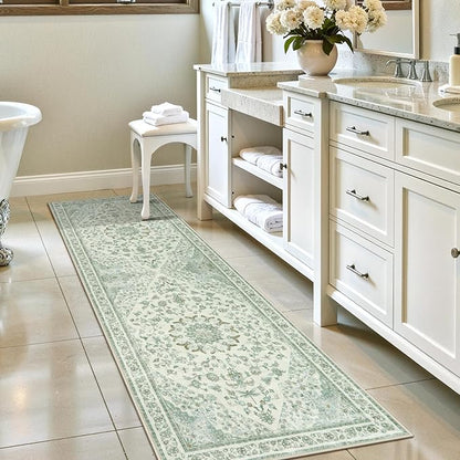 Moynesa Vintage Washable Green Runner Rug for Hallway 2x6, Retro Farmhouse Runner for Entryway Kitchen Bathroom Bedroom, Low Pile Soft Non-Slip Accent Carpets for Indoor Nursery