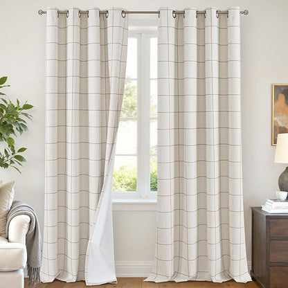 Brown Plaid Patterned Curtains Thermal Insulated - 96 Inches Extra Long Total Linen Blackout Curtains for Living Room, Boho Drapery for Farmhouse Bedroom 52x96 Inch 2 Panels