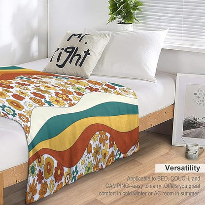 70s Retro Floral Throw Blanket, Boho Groovy Wavy Geometric Hippie Cute Flowers Yellow Orange Abstract Print Blanket for Holiday Theme Home Decor Bedding Couch and Gift 30"x40"