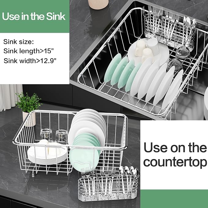 Large Dish Drainer Rack in Sink Adjustable, Expandable 304 Stainless Steel - Image 5