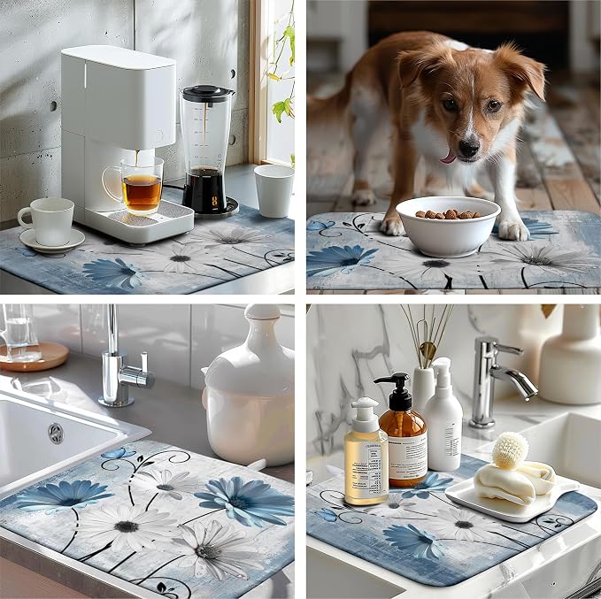 Dish Drying Mat for Kitchen Counter 18x24 Inch Blue Grey Daisy Drying Pads - Image 7