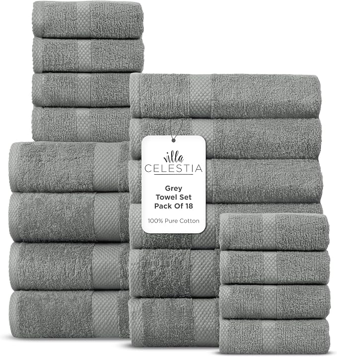 100% Cotton Bath Towel Set of 18-4 Bath Towels, 6 Hand Towels, 8 Wash Cloths by VillaCelestia