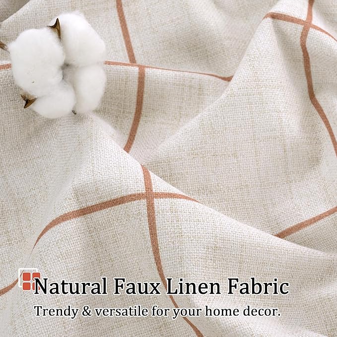 Linen Blackout Curtains for Bedroom - Boho Plaid Curtains Thermal Insulated, Pattern Printed Rustic Drapes Window Treatments for Farmhouse, 52x63 Inch 2 Panels, Terracotta