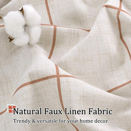 Linen Blackout Curtains for Bedroom - Boho Plaid Curtains Thermal Insulated, Pattern Printed Rustic Drapes Window Treatments for Farmhouse, 52x63 Inch 2 Panels, Terracotta