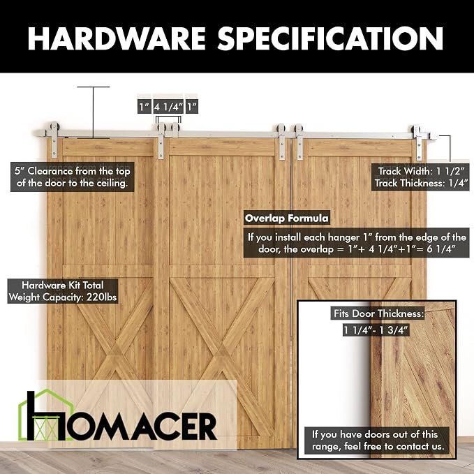 Homacer Brushed Nickel Single Track Bypass Sliding Barn Door Hardware Kit - Image 5