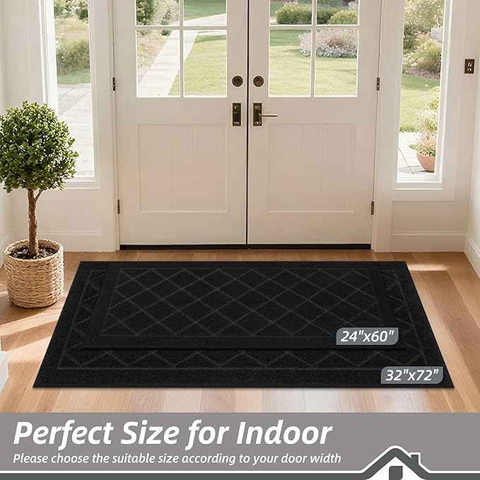 BEQHAUSE Dirt Trapper Door Mat 24" x 60", Doormat Non-Slip Entryway Rugs Washable, Dog Door Mat Stain Resistant and Absorbent Welcome Floor Mat for Front Back Door, Muddy Wet Shoes & Paws, Black