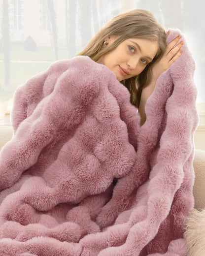 Ultra Soft Cozy Faux Fur Throw Blanket, Fuzzy Plush Thick Bubble Blanket, Oversize Luxury Fluffy Blanket for Couch, Bed, and Living Room, 60x80 Inches, Pink