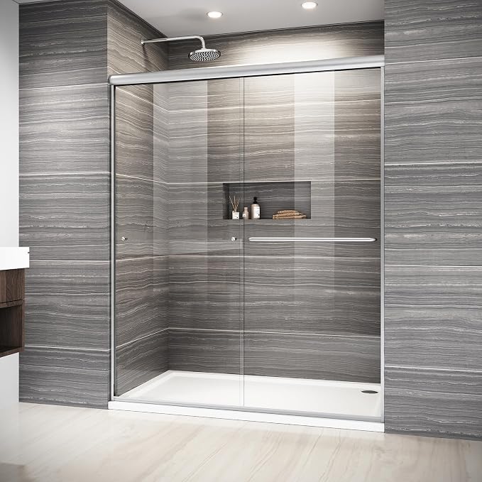 ELEGANT 58.5-60 in. W x 72 in. H Semi-Frameless Sliding Shower Door in Brushed by ELEGANT