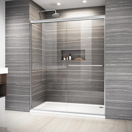 ELEGANT 58.5-60 in. W x 72 in. H Semi-Frameless Sliding Shower Door in Brushed by ELEGANT