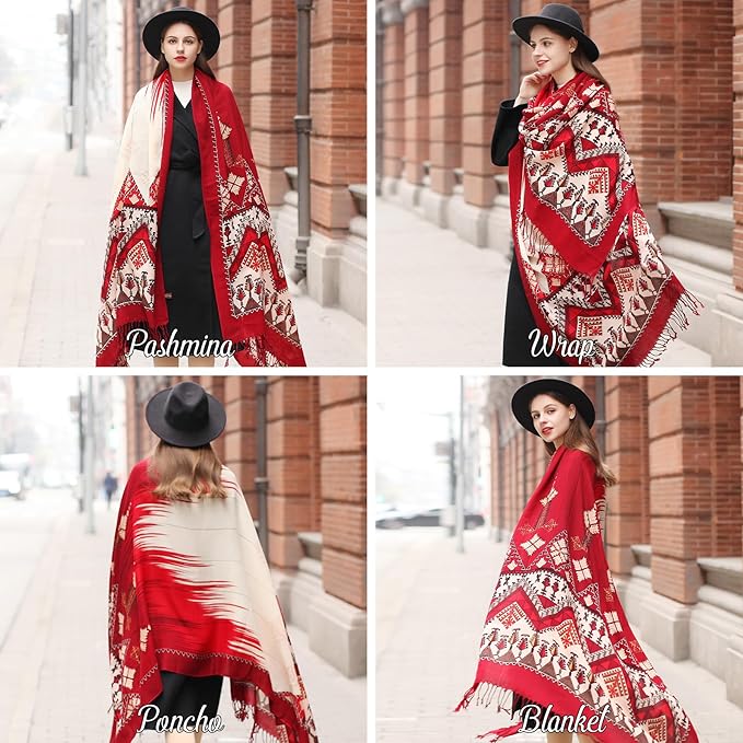 DANA XU 100% Merino Wool Pashmina Shawl for Women 96"x43", Oversized Cashmere Wrap with Tassels, Floral Travel Blanket Cape
