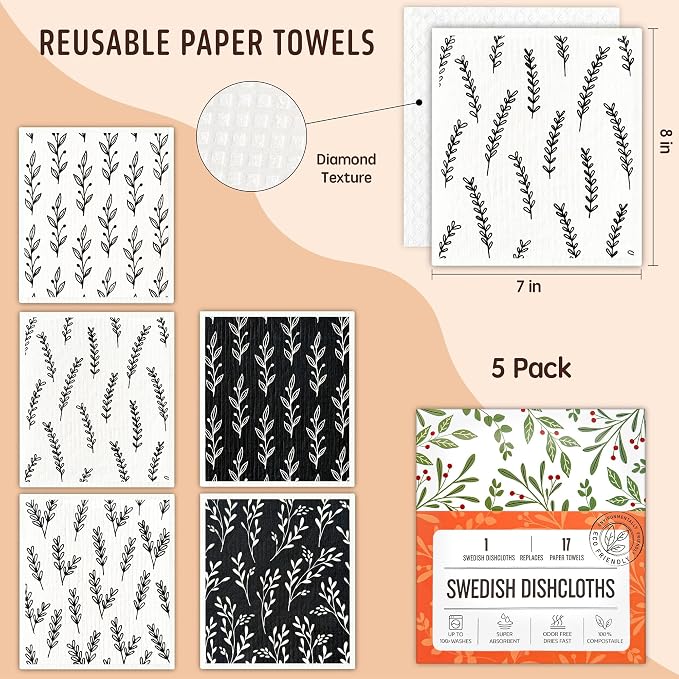 Swedish Dishcloths for Kitchen, 5 Pack Reusable Paper Towels Washable, Super - Image 2