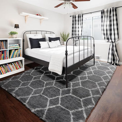 ONASAR Area Rugs for Bedroom Living Room, Washable 4x6 Fluffy Grey and White Floor Rug, Shaggy Geometric Soft Plush Fuzzy Carpet for Nursery Teen Playroom Dorm Office Home Decor Aesthetic