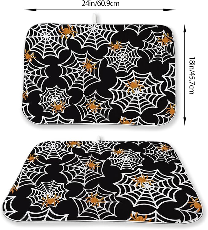 Halloween Dish Drying Mat 18x24 Inch Black Orange Golden Spider Webs Drying Mat - Image 2
