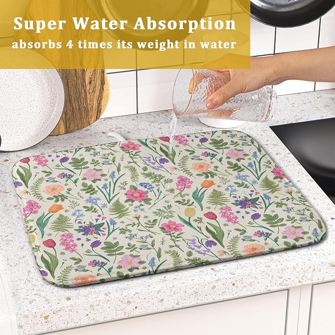 Spring Floral Dish Drying Mat for Kitchen Counter 16x18 Pink Sage Green Flower - Image 7