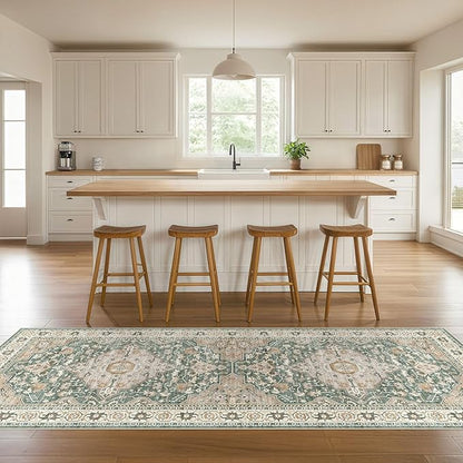 Runner Rug Kitchen Washable Rugs: 3x10 Non-Slip Abstract Soft Modern Stain Resistant Indoor Floor Neutral Accent Throw Carpet for Hallway Bathroom Laundry Room Entryway Bedroom- Green