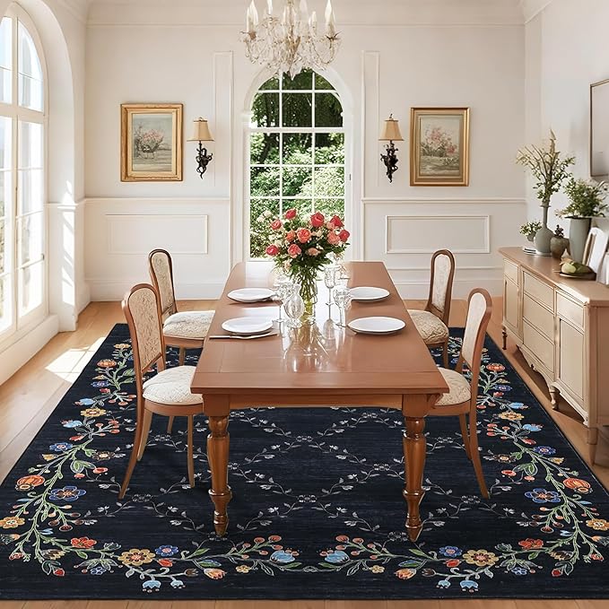 Garveehome 4x6 Washable Floral Area Rugs for Living Room: Modern Floral Non Slip Large Area Rugs for Bedroom, Large Machine Washable Living Room Low Pile Carpet with Non-Slip Backing Black 4 ft x6 ft.