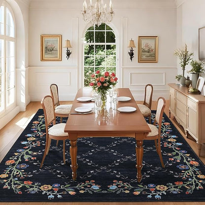 Garveehome 4x6 Washable Floral Area Rugs for Living Room: Modern Floral Non Slip Large Area Rugs for Bedroom, Large Machine Washable Living Room Low Pile Carpet with Non-Slip Backing Black 4 ft x6 ft.