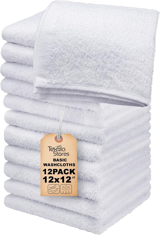 Basic Wash Cloths 12x12 Inches – Pack of 12 – White Color – Soft and Absorbent by TEXTILA