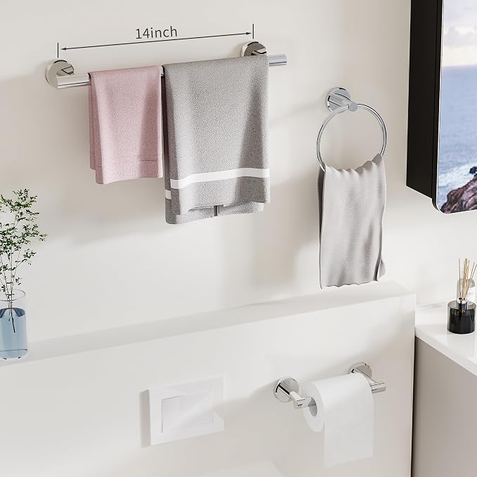 3pc Bathroom Hardware Set with Polished Toilet Paper Holder, Towel Ring - Image 2