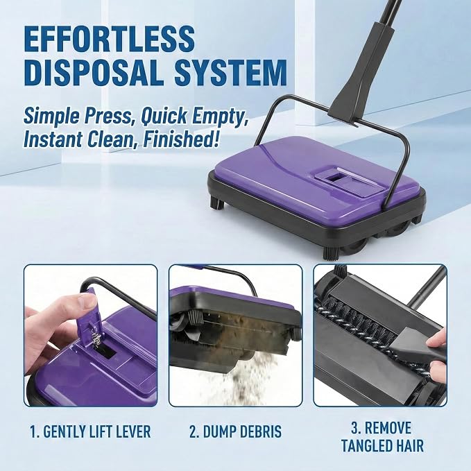 Manual Carpet Sweeper, Electric-Free Quiet Floor Sweeper - Image 5