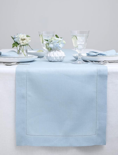Solino Home Linen Sky Blue Table Runner 72 Inches Long - 100% Pure Linen Hemstitch Table Runner 14 x 72 Inch for Dresser, Dining, Holiday, Christmas, New Year - Classic Hemstitch
