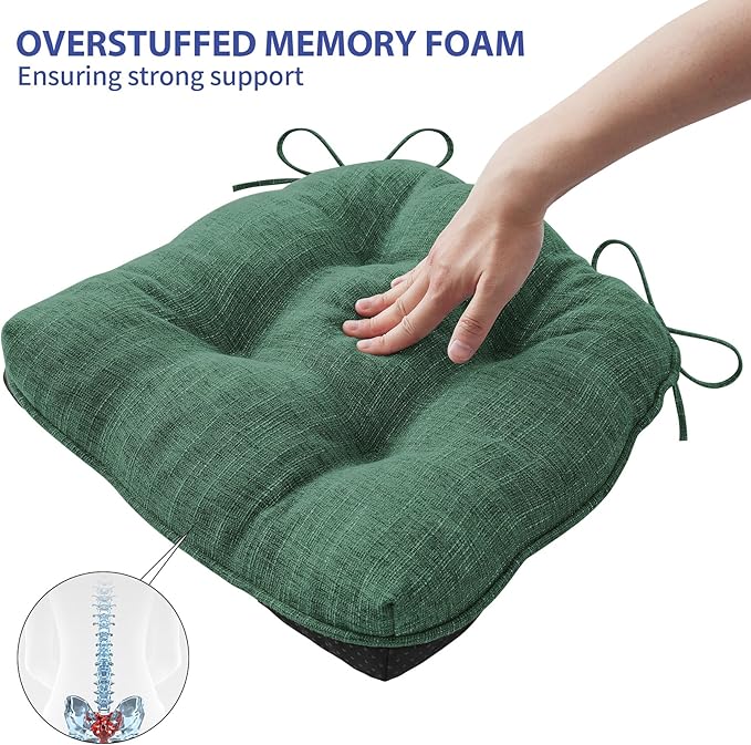 Chair Cushions for Dining Chairs Set of 6, Kitchen Chair Cushions, Chair Pads with Ties Non Slip Backing, Christmas Room Decor, Tufted Memory Foam Seat Cushion 6 Pack, 15.5x15.5x4, Dark Green