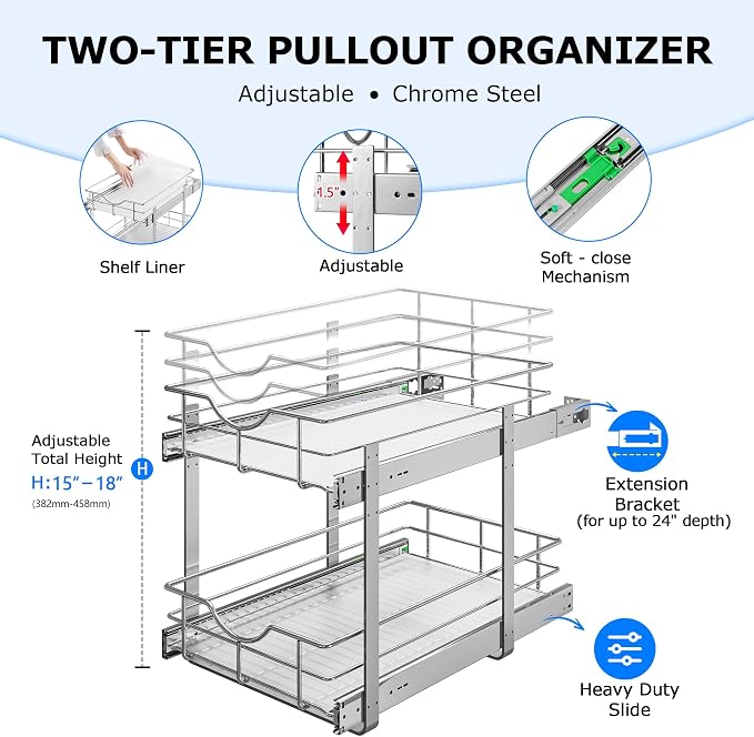 WelFurGeer 2-Tier Stainless Steel Pull Out Cabinet Organizer, Soft Close - Image 5