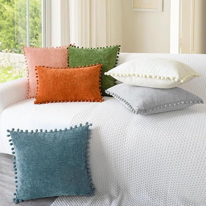 CaliTime Throw Pillow Covers Decorative 18 X 18 Inches Pack of 2 Cozy Solid Dyed Soft Chenille Cushion Cases with Pom Poms for Couch Sofa Bed Living Room Home Smoke Blue