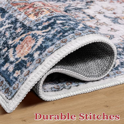 SERISSA Washable Rugs 6x9 Area Rugs, Large Non-Slip Boho Living Room Blue Orange Rug, Ultra Soft Vintage Oriental Tribal Farmhouse Carpet for Dining Room Bedroom Dorm Office Home Decor