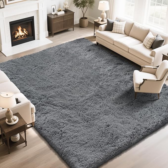 Fluffy Rug Shaggy Area Rug, Dark Grey 10x14 Area Rugs for Bedroom, Super Soft Shaggy Rugs for Living Room Bedroom Kids Room Home Decor, Upgrade Anti-Skid Rectangular Fuzzy Rug