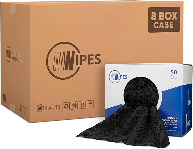 Black Microfiber Shop Towels | MWipes Reusable Shop Rags | 50 Rags in a Box | by MicrofiberWholesale