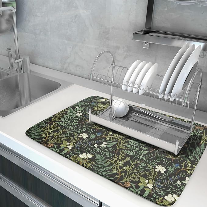 Green Plants Dish Drying Mat for Kitchen Counter Microfiber Absorbent Dish - Image 5