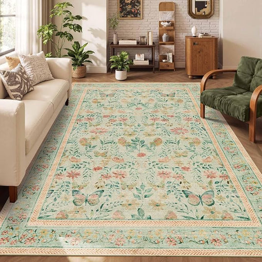 Floral 5x7 Washable Area Rug, Vintage Boho, Non Slip Low Pile Wool Carpet - Image 2