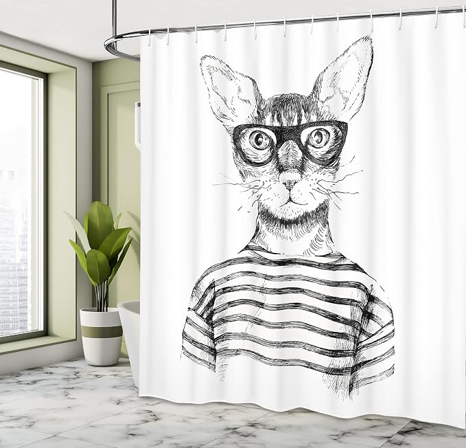 Ambesonne Cat Shower Curtain, Hand Drawn Dressed up Hipster New Age Cat Fashion - Image 4