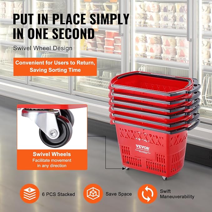 VEVOR Shopping Carts with Handles, 39L Plastic Rolling Shopping Basket with - Image 4