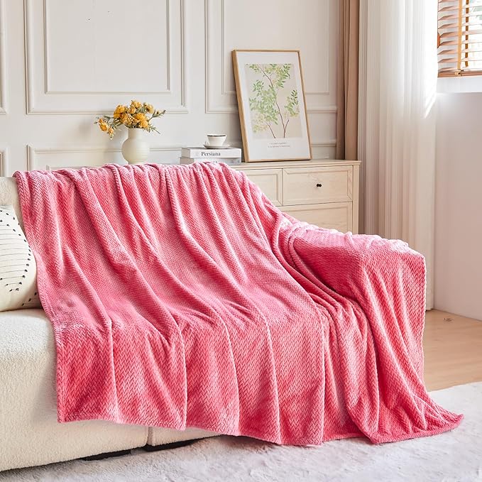 NEWCOSPLAY Super Soft Queen Blanket Coral Pink Premium Silky Flannel Fleece Leaves Pattern Lightweight Bed Blanket All Season Use (Coral Pink, Queen(90"x90"))