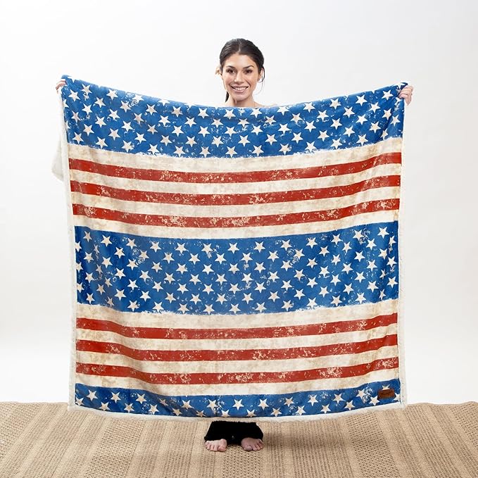 CARSTENS, INC. Wrangler Ultra Premium Super Soft Plush Sherpa Fleece Oversized Throw Blanket 54" x 68", Stars & Stripes