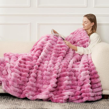 Cozy Bliss Faux Fur Throw Blanket for Couch, Cozy Warm Plush Striped Blanket for Sofa Bedroom Living Room, 108 * 90 Inches Tie-dye Pink