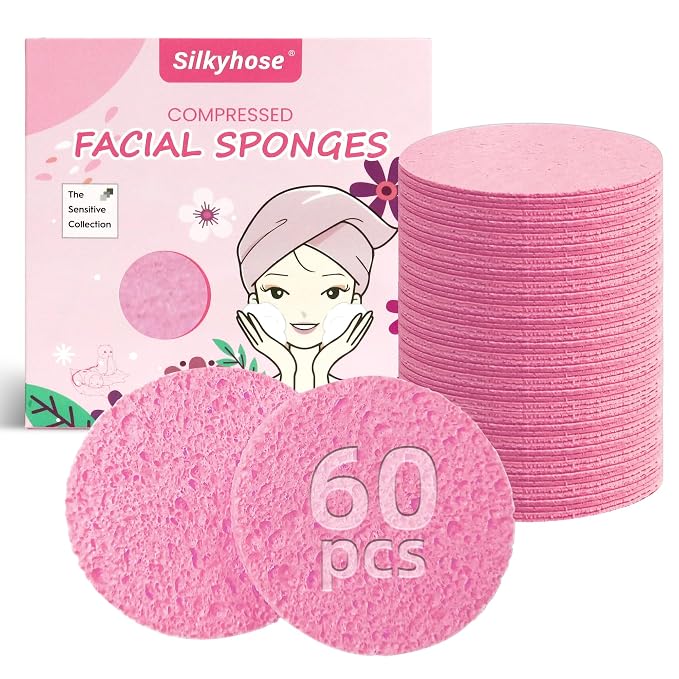 60-Count Compressed Facial Sponges 100% Natural Cellulose Cosmetic Spa Sponges by Silkyhose