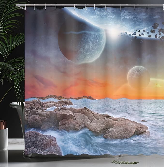 Ambesonne Galaxy Shower Curtain, Planet Landscape View from a Rocky Beach Ocean - Image 3