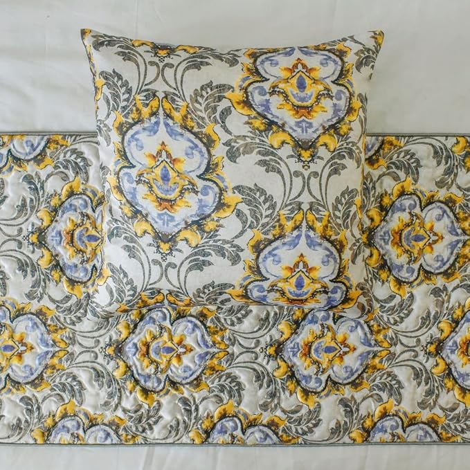 The HomeCentric King/Queen/Twin Grey Decorative Queen 74"x18" Bed Runner with Pillow Cover, Quilted, Damask & Tassels Bed Scarf on Jacquard Fabric - Damask Blaze