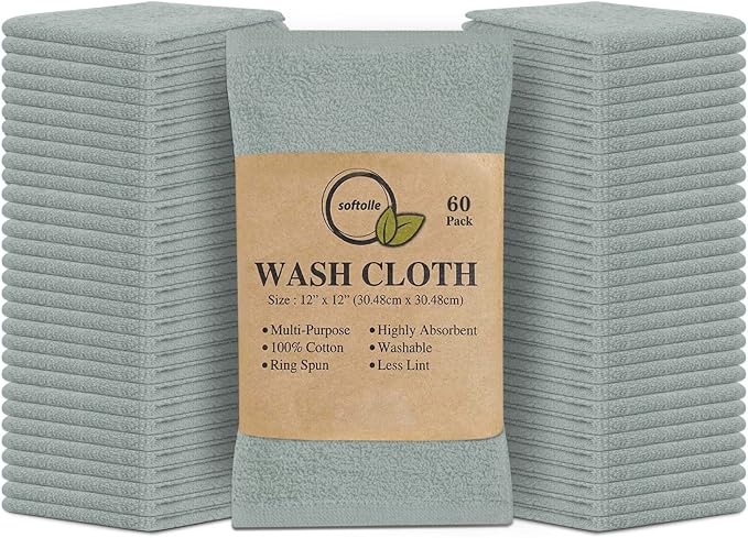 Softolle 100% Cotton Washcloths 60 Pack Soft, Highly Absorbent Washcloth by Softolle