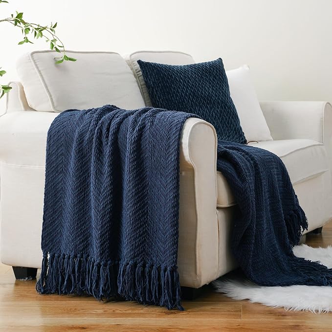 BATTILO HOME Navy Blue Throw Blanket for Couch, Super Soft Cozy Warm Dark Blue Throws for Twin Bed, Knit Woven Chenille Blanket Versatile for Sofa Bedroom Home Decor, 60"x80"