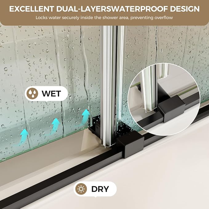 56-60"W x 60"H Frameless Bathtub Shower Door, Double Sliding Tub Shower Glass - Image 4