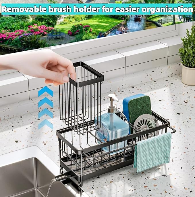 Sink Caddy Sponge Holder with Auto Draining Tray, Space-Saving Soap Dispenser - Image 3
