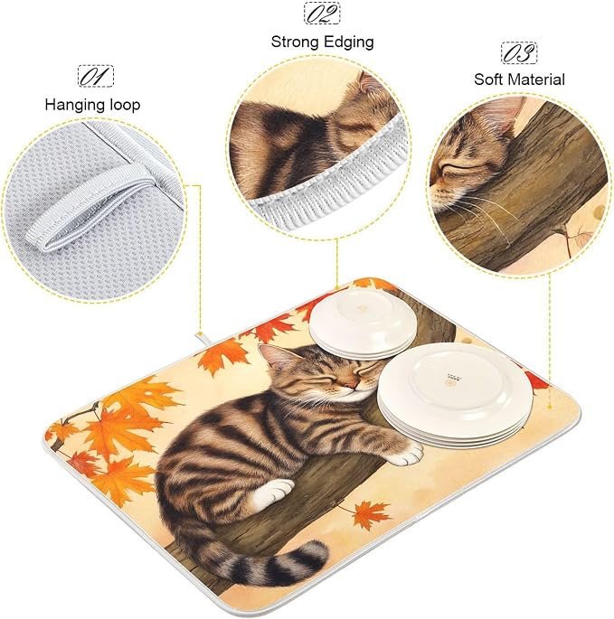 Fall Cats Dish Drying Mat for Kitchen Countertop 16x18 Autumn Maple Leaves - Image 4