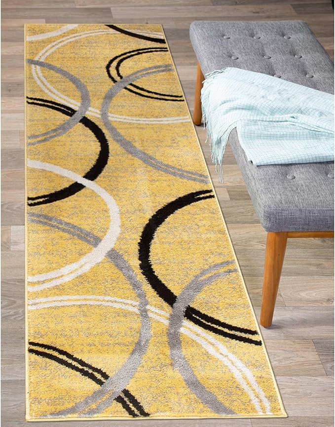 Rugshop Wavy Circles Design Runner Rug, Non-Shedding Carpet for Hallway, Entryway, or Kitchen, Yellow, 2' x 10'