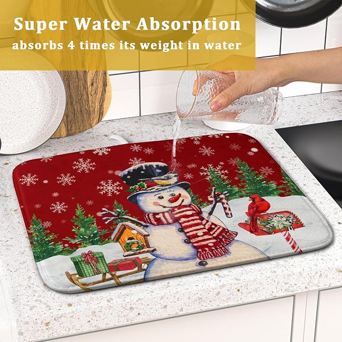 Winter Snowman Dish Drying Mat Red Bird Microfiber Dish Pad 16x18 Inch - Image 7